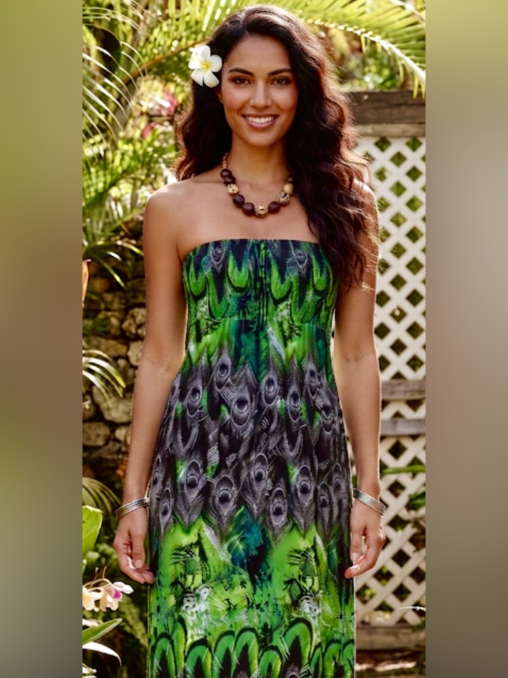 Sugar & Spice Green Peacock Print Strapless Smocked Maxi Dress XL